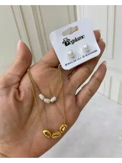 Set de collar y zarcillos de perla - Blanca y dorada