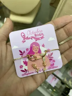 Octubre rosa - Pulsera + zarcillo de flor con piedra natural